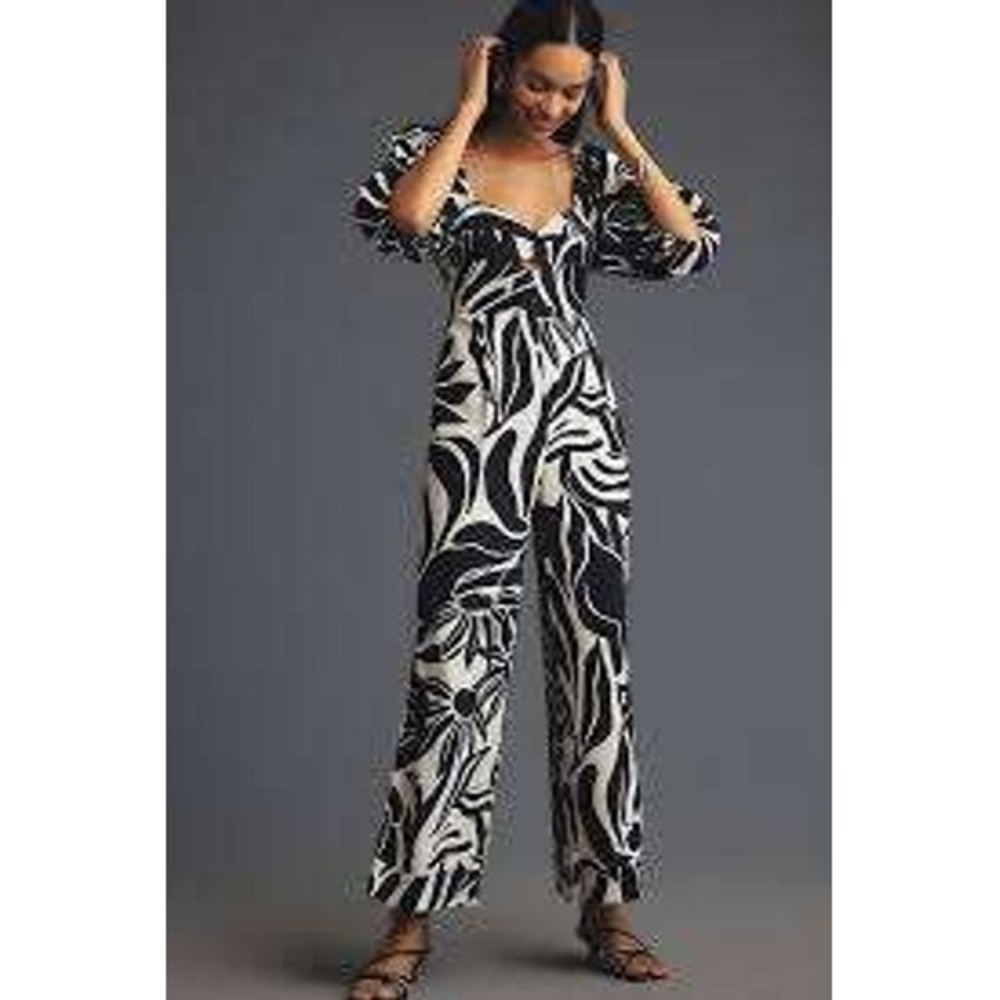 Farm‎ Rio for Anthropologie Black White Tropical Linen Blend Jumpsuit Medium